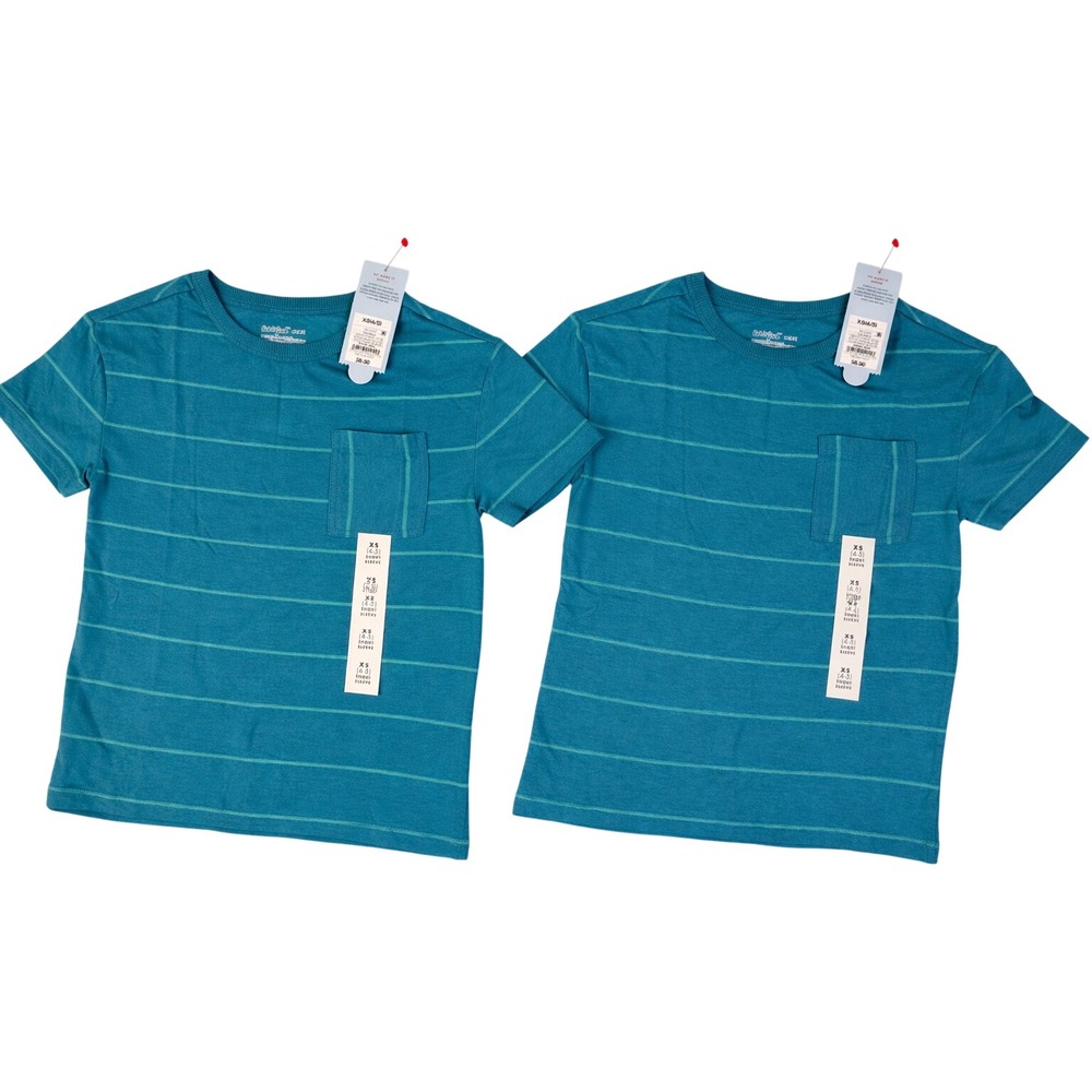 Cat & Jack Kids XS 4/5 Teal Striped Pocket T-Shirt Lot of 2 New with Tags‎